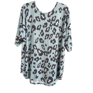 Light Blue Leopard Print Crisscross Back Oversized Tunic Top Short Sleeve Knit